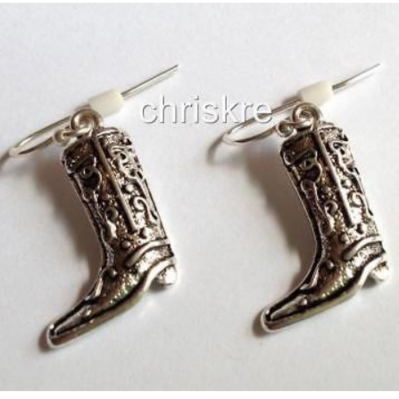 Silver Country Western Cowboy Boot Earrings - Picture 2 of 5